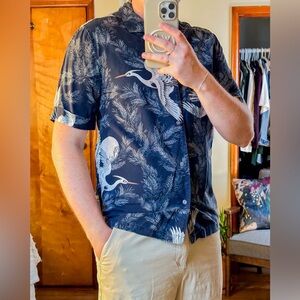 Navy Camp Collar Shirt with Crane Pattern